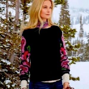 Sundance Black Crewneck Sweater with Pink & Green Floral Sleeves